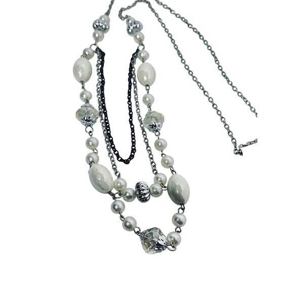 Silver Tone Bib Necklace With Clear Crystals & White Iridescent Beads (5887) - Picture 6 of 6